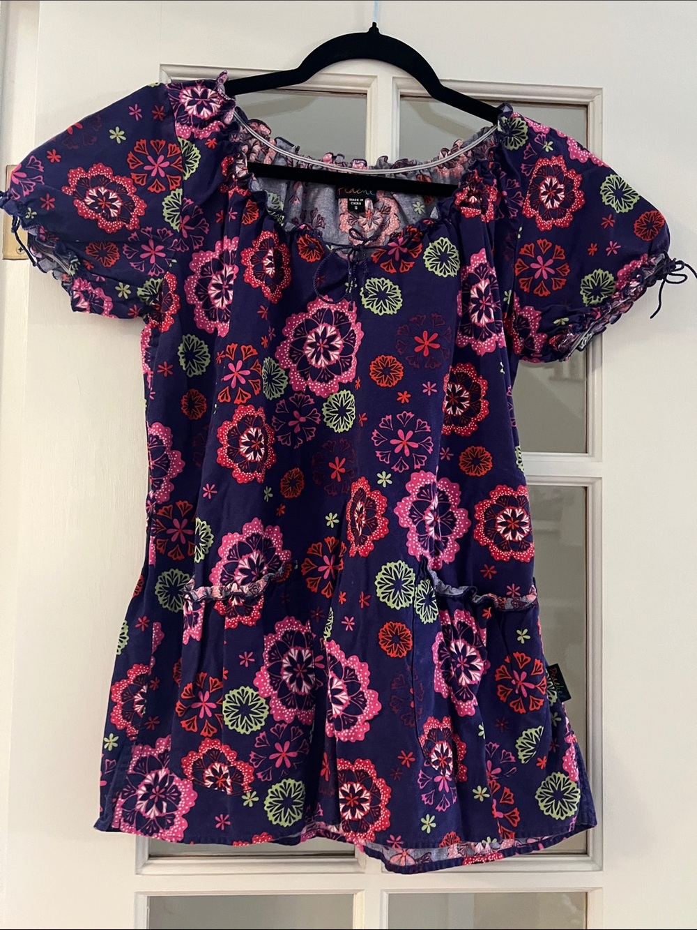 Peaches Scrub Top Purple with Pink & Green Motifs